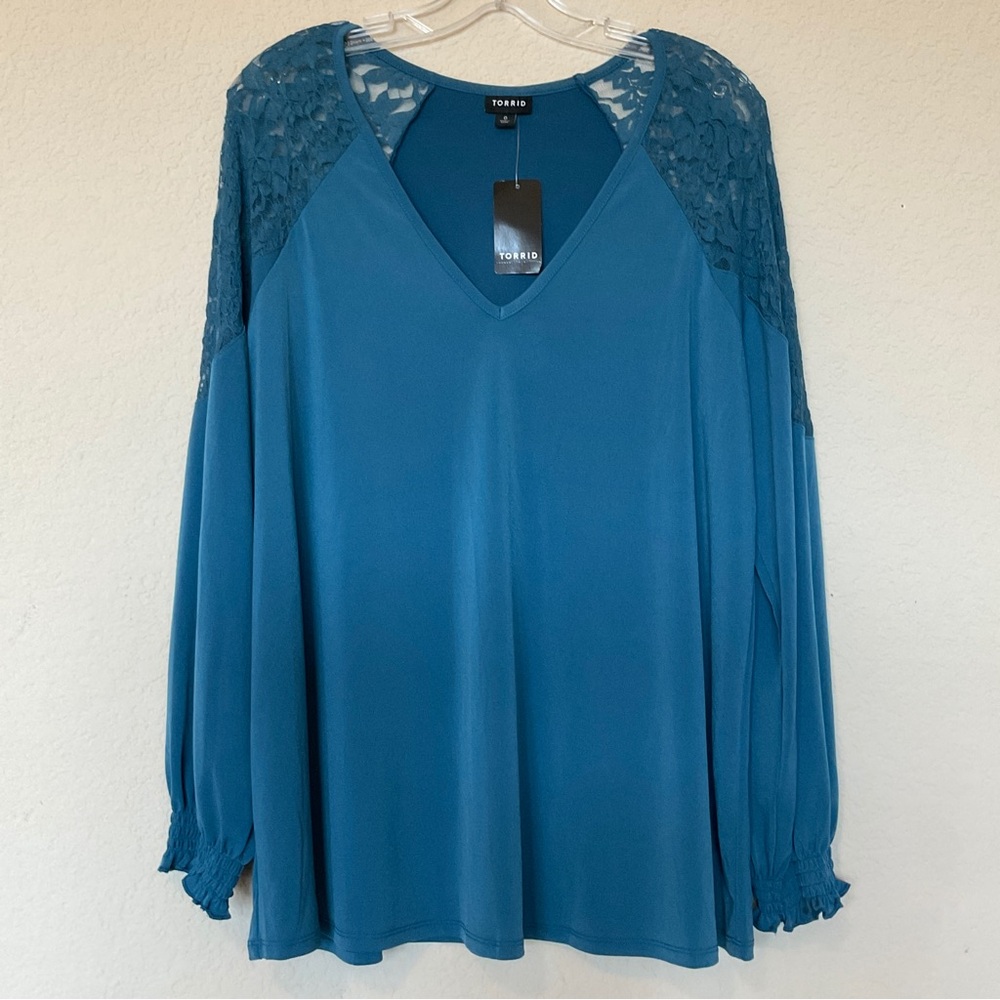 Torrid NWT Studio Knit Lace Shoulder Top Long Sleeve Midnight Teal 0 / L / 12 - Picture 6 of 16